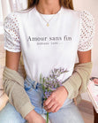 Camiseta estampada "Amour sans fin" con mangas de ojalillo para mujer - Flashy
