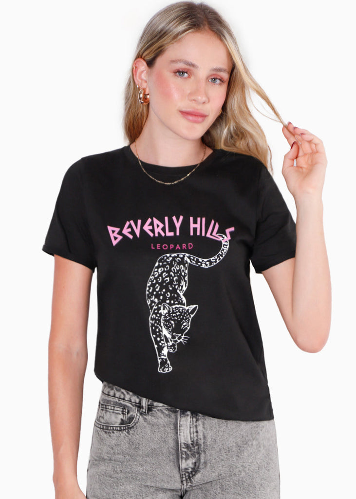 Camiseta estampada "Beverly Hills leopard" color negro para mujer - Flashy