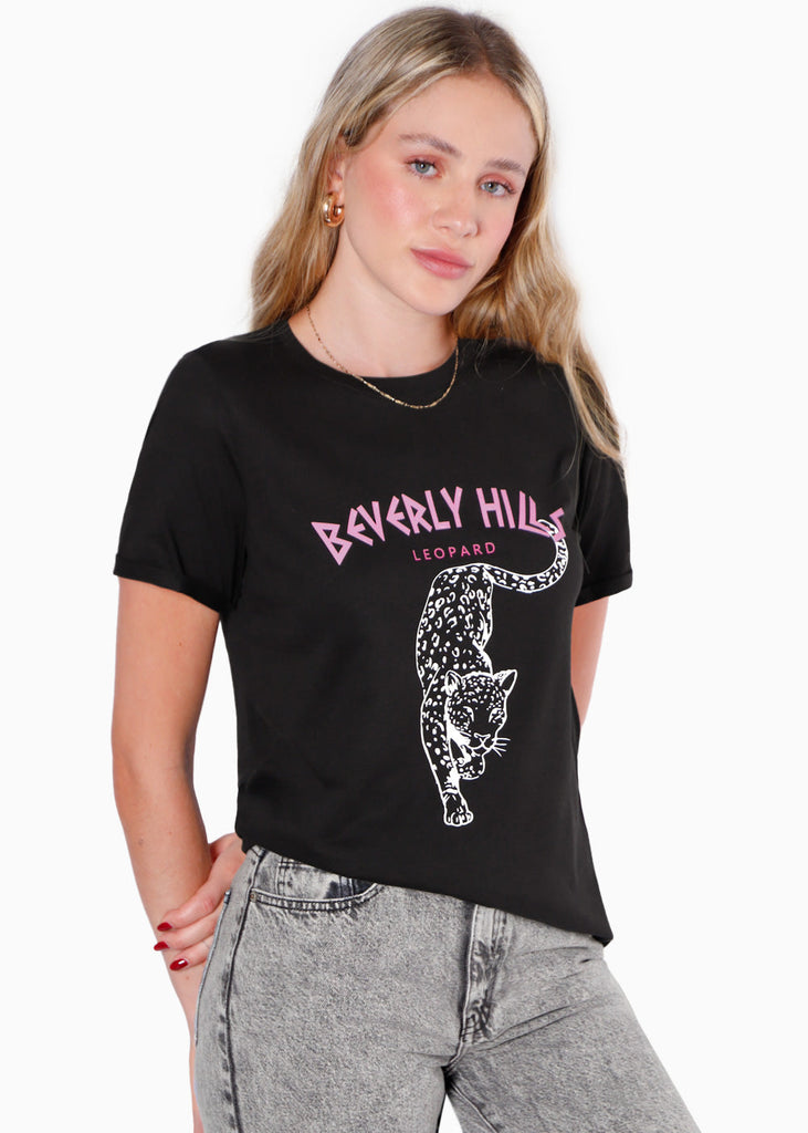 Camiseta estampada "Beverly Hills leopard" color negro para mujer - Flashy