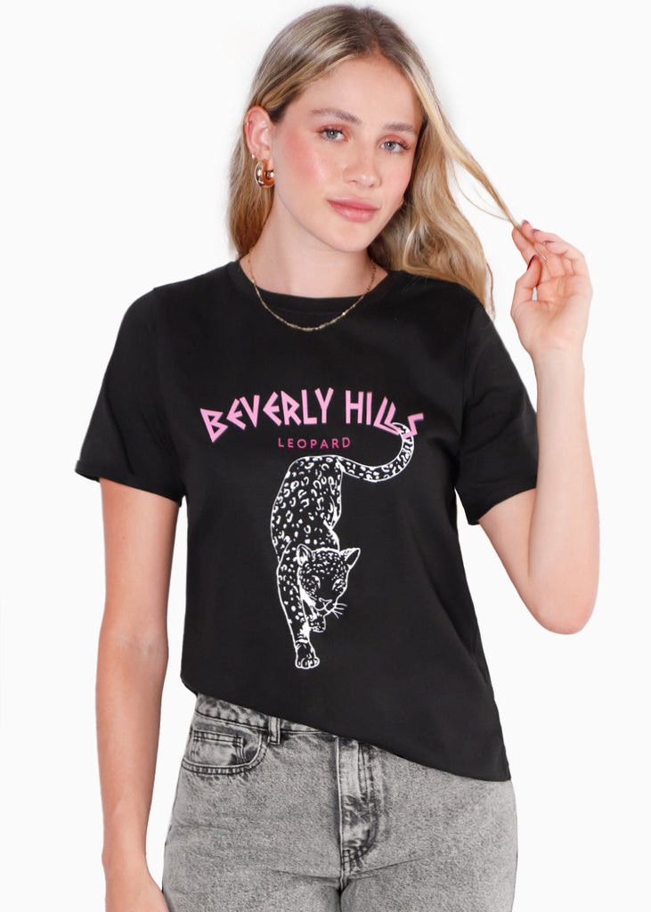 Camiseta estampada "Beverly Hills leopard" color negro para mujer - Flashy