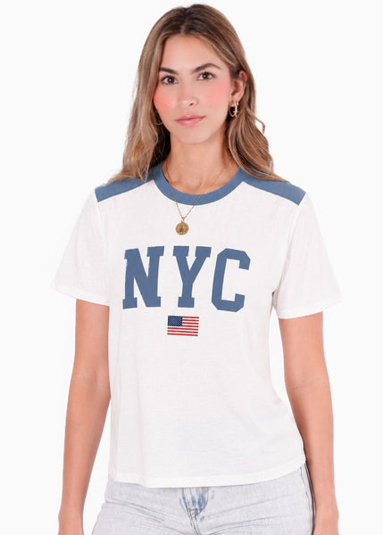Camiseta estampada con cuello en contraste de color marfil - CORDOBA