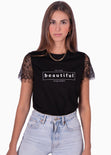 Camiseta estampada con mangas de encaje color negro para mujer - Flashy