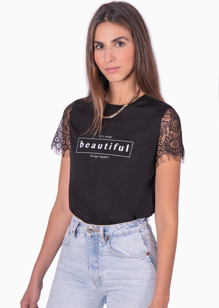 Camiseta estampada con mangas de encaje color negro para mujer - Flashy