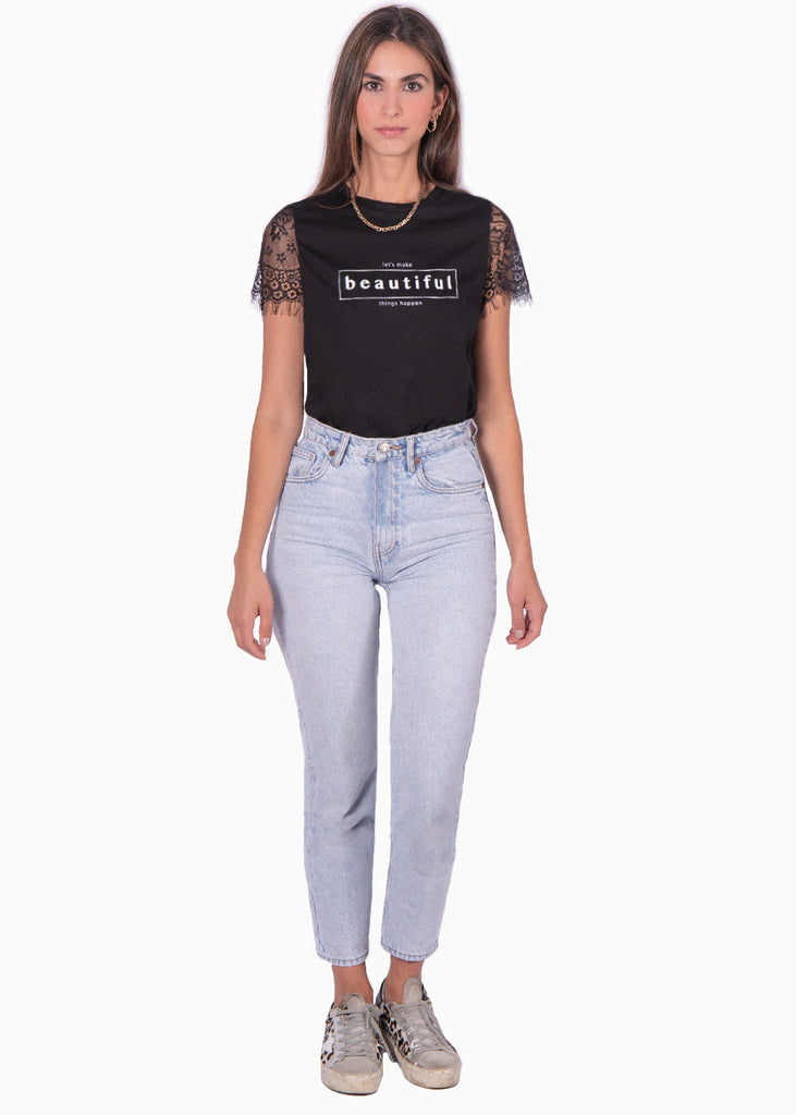 Camiseta estampada con mangas de encaje color negro para mujer - Flashy