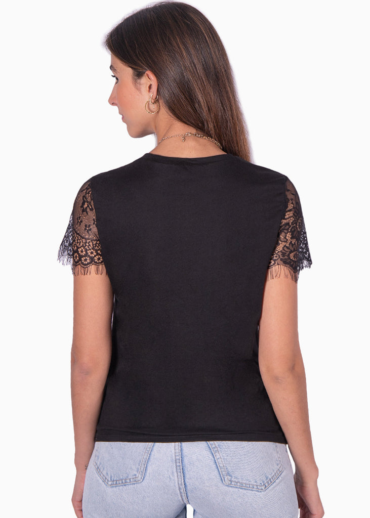 Camiseta estampada con mangas de encaje color negro para mujer - Flashy