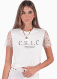 Camiseta estampada con mangas de encaje color blanco para mujer - Flashy