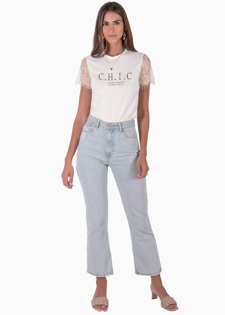 Camiseta estampada con mangas de encaje color blanco para mujer - Flashy