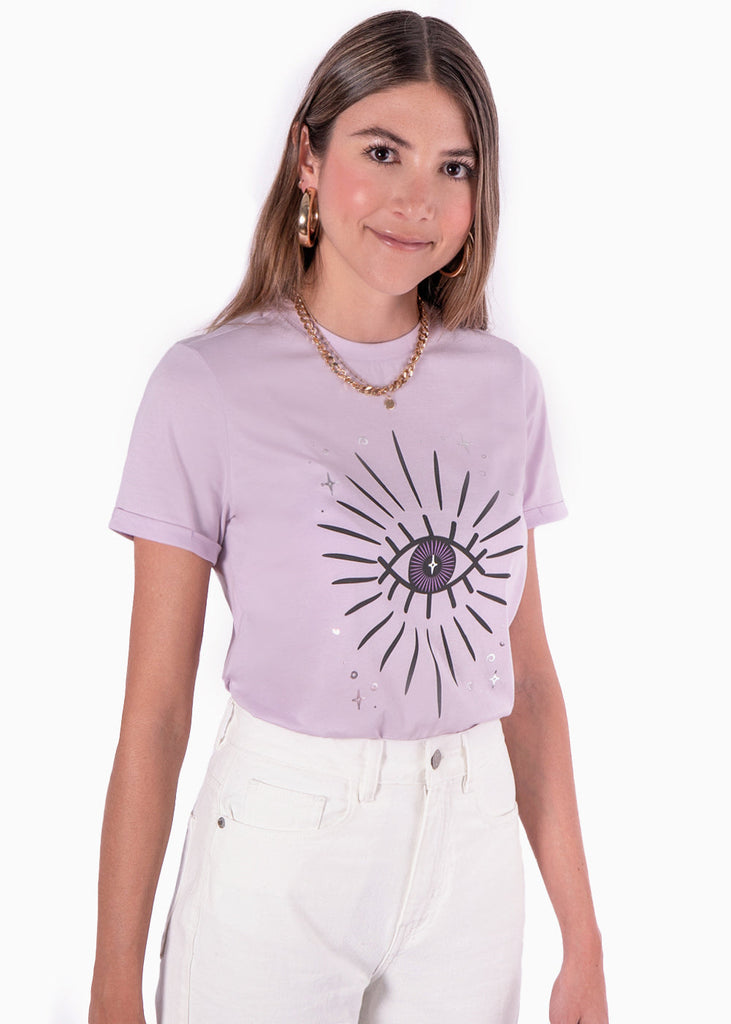 Camiseta estampada de ojo con estrellas color lila, morado para mujer - Flashy