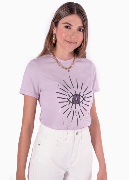 Camiseta estampada de ojo con estrellas color lila, morado para mujer - Flashy