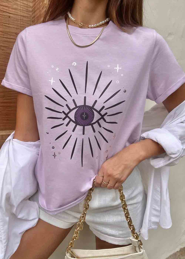 Camiseta estampada de ojo con estrellas color lila, morado para mujer - Flashy