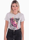 Camiseta estampada de tigre con rayo color gris para mujer - Flashy