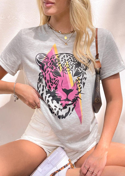 Camiseta estampada de tigre con rayo color gris para mujer - Flashy