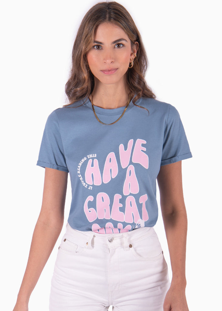 Camiseta estampada "Have a great day" color azul para mujer - Flashy