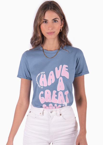 Camiseta estampada "Have a great day" color azul para mujer - Flashy