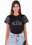 Camiseta estampada "ICON" con mangas en lentejuelas para mujer - Flashy