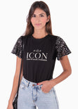 Camiseta estampada "ICON" con mangas en lentejuelas para mujer - Flashy