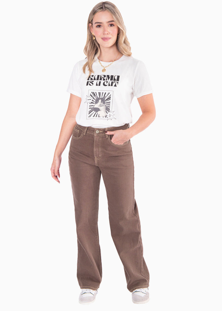 Camiseta estampada "Karma is a cat" color marfil, blanco para mujer - Flashy