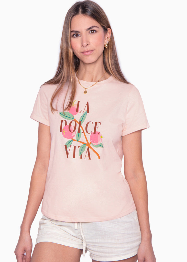Camiseta estampada "La dolce vita" color rosado para mujer - Flashy