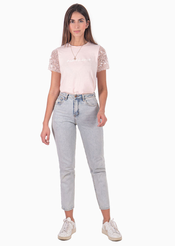 Camiseta estampada "ma cherie" con mangas en lentejuelas color rosado para mujer - Flashy