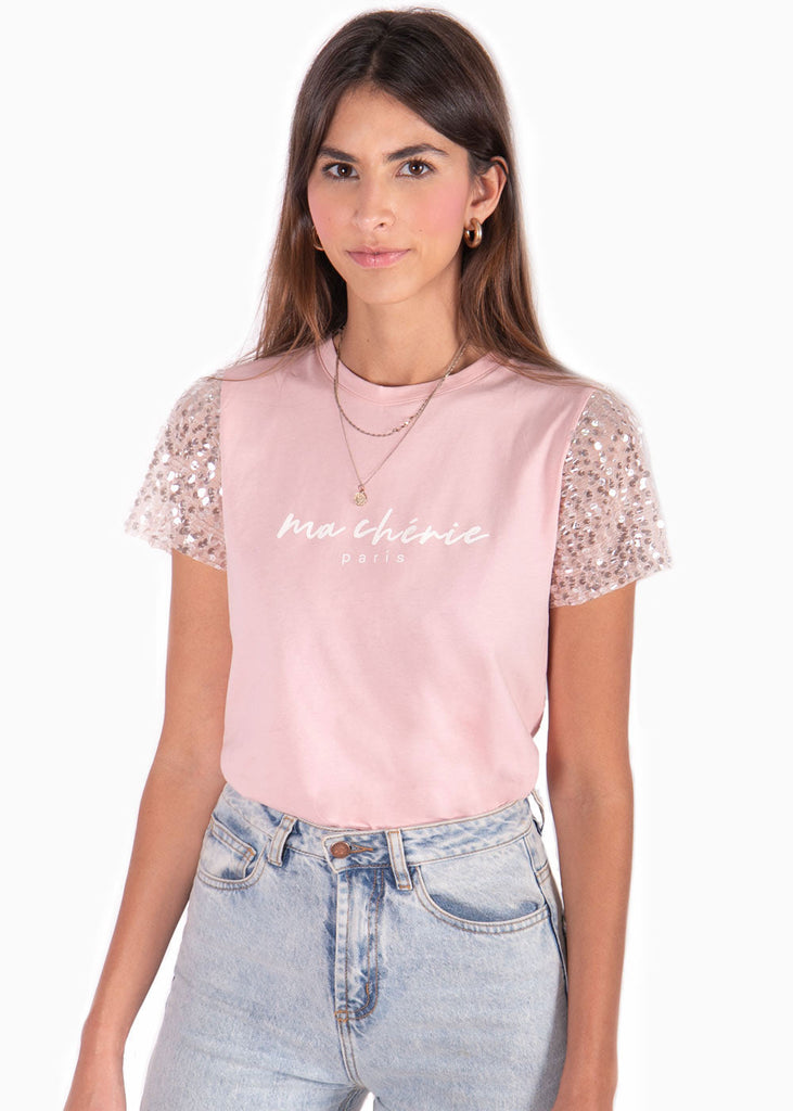 Camiseta estampada "ma cherie" con mangas en lentejuelas color rosado para mujer - Flashy
