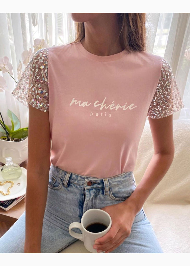 Camiseta estampada "ma cherie" con mangas en lentejuelas color rosado para mujer - Flashy