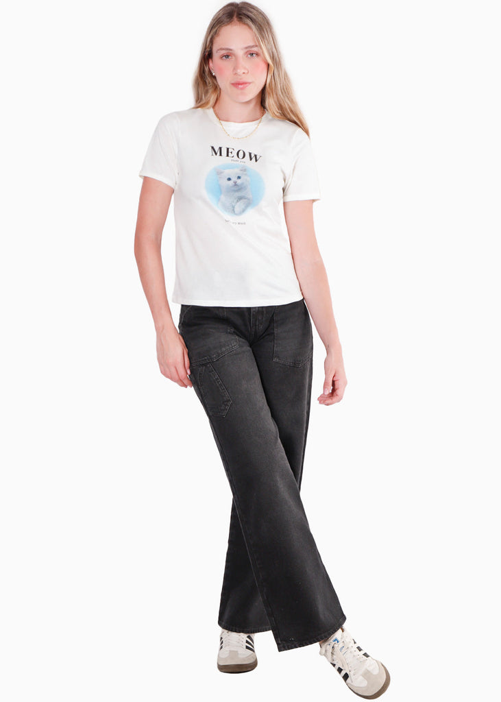 Camiseta estampada "Meow" color blanco, marfil para mujer - Flashy