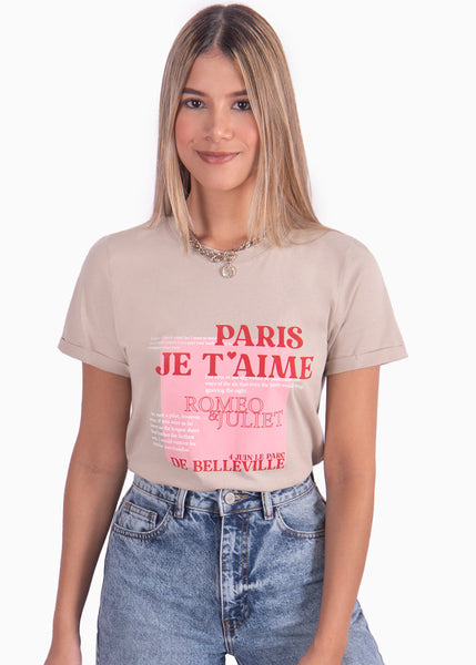 Camiseta estampada "Paris Je t'aime" color beige para mujer - Flashy