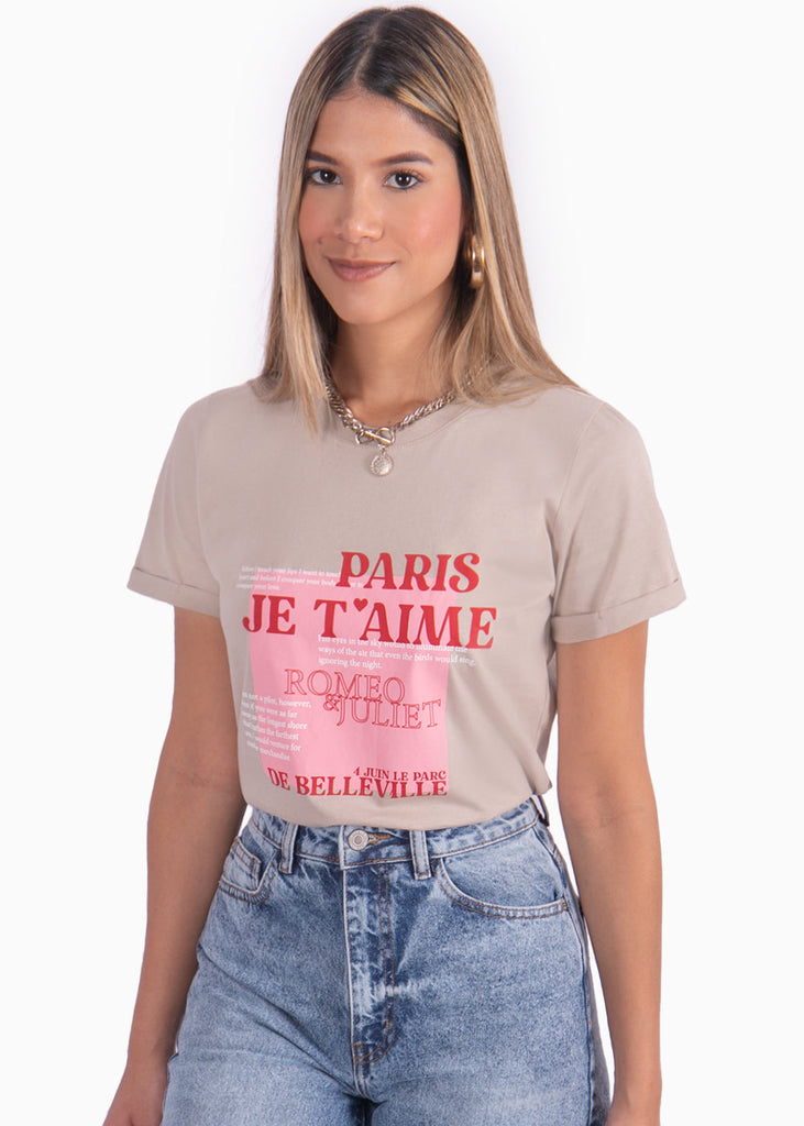 Camiseta estampada "Paris Je t'aime" color beige para mujer - Flashy