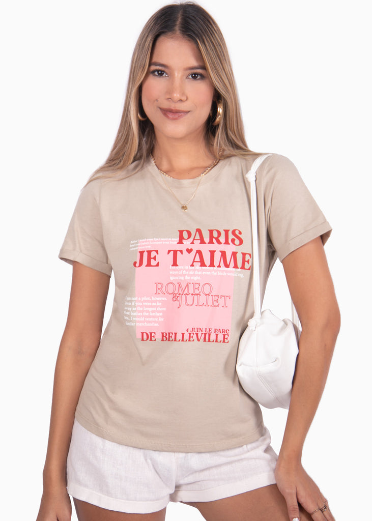 Camiseta estampada "Paris Je t'aime" color beige para mujer - Flashy