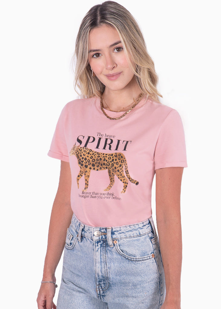 Camiseta estampada tigre y "The brave spirit" color rosado para mujer - Flashy
