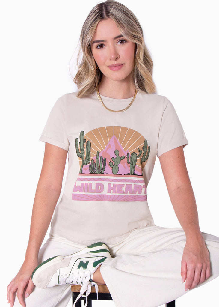 Camiseta estampada "Wild Heart" color beige para mujer - Flashy