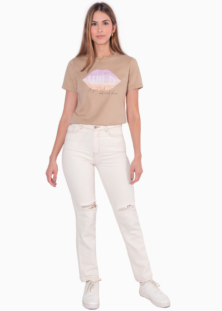 Camiseta estampada "Wild, let your soul and mind shine" color beige para mujer - Flashy