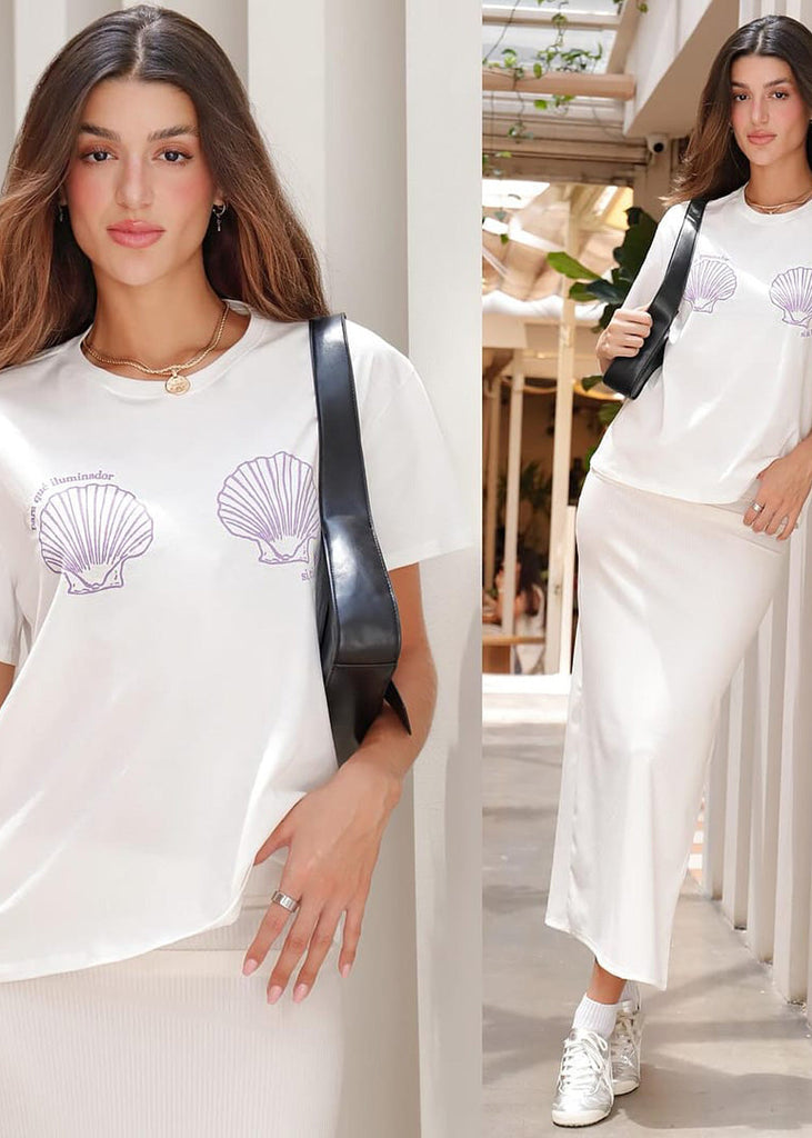 Camiseta oversize con estampado de caracola color blanco, marfil para mujer - Flashy