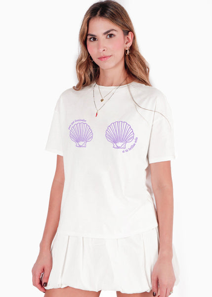 Camiseta oversize con estampado de caracola color blanco, marfil para mujer - Flashy