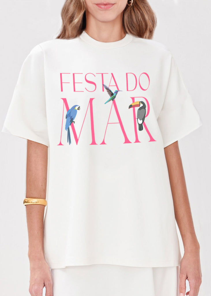 Camiseta oversized estampada "Festa do mar" color blanco, marfil para mujer - Flashy