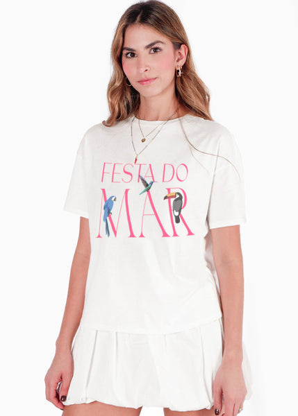 Camiseta oversized estampada "Festa do mar" color blanco, marfil para mujer - Flashy