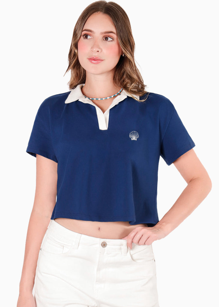 Camiseta tipo polo cropped con perilla, cuello en contraste y bordado color azul para mujer - Flashy
