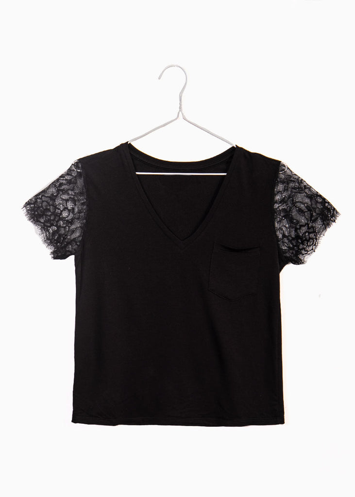 Camiseta con escote en v y mangas de encaje para mujer - Flashy