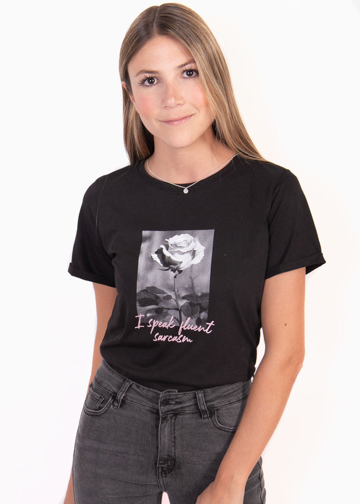 Camiseta estampada "I speak fluent sarcasm" para mujer - Flashy