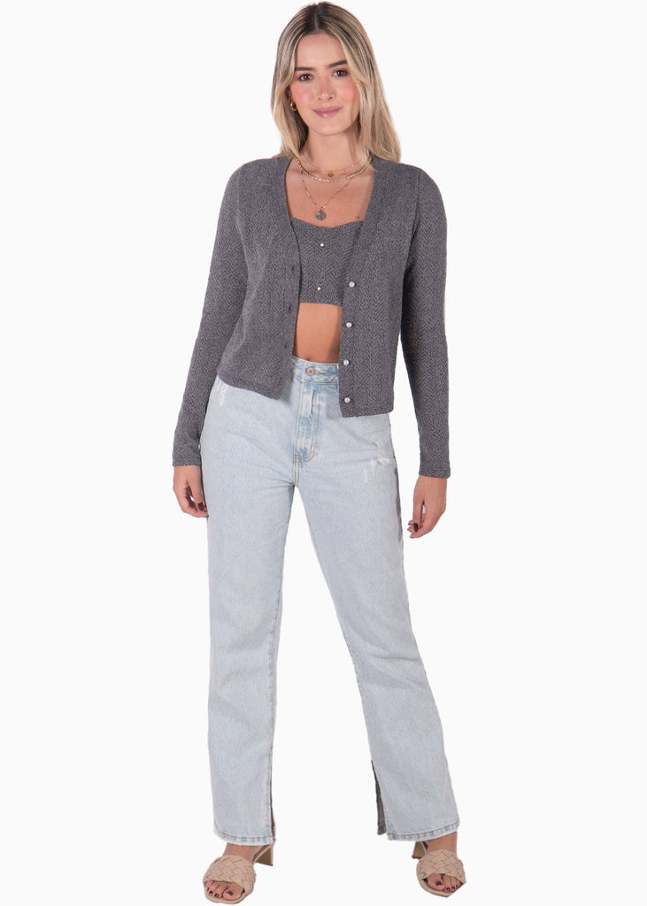 Cardigan manga larga con botones de perlas color gris para mujer - Flashy