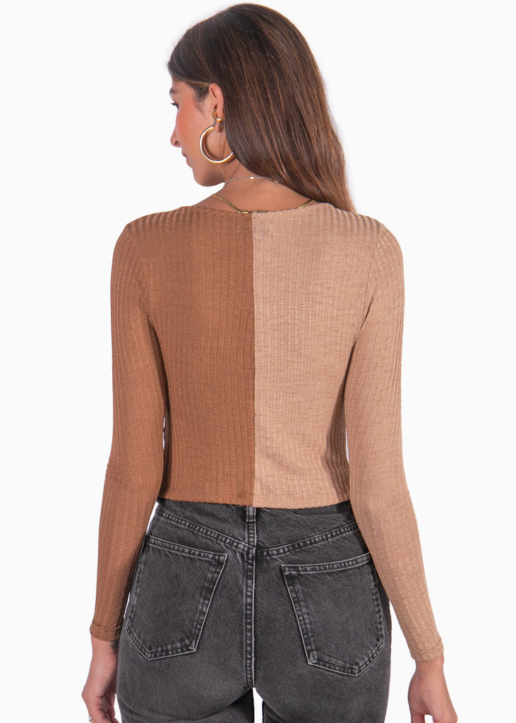 Cardigan manga larga color camel, café para mujer - Flashy