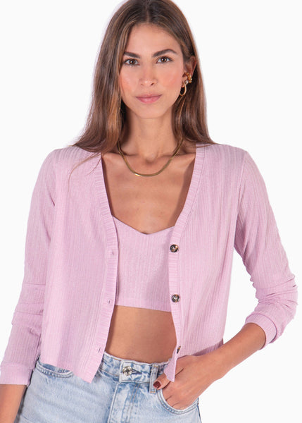 Cardigan manga larga tejido color morado, lila para mujer - Flashy