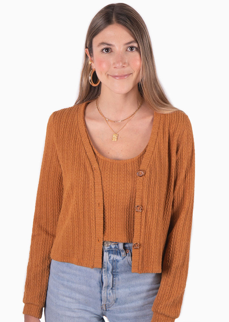 Cardigan tejido manga larga con botones color mostaza para mujer - Flashy