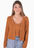 Cardigan tejido manga larga con botones color mostaza para mujer - Flashy