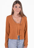 Cardigan tejido manga larga con botones color mostaza para mujer - Flashy