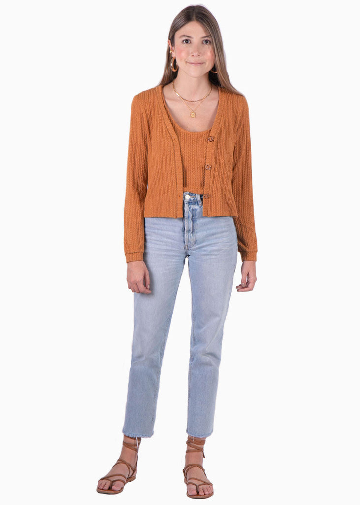 Cardigan tejido manga larga con botones color mostaza para mujer - Flashy