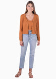 Cardigan tejido manga larga con botones color mostaza para mujer - Flashy