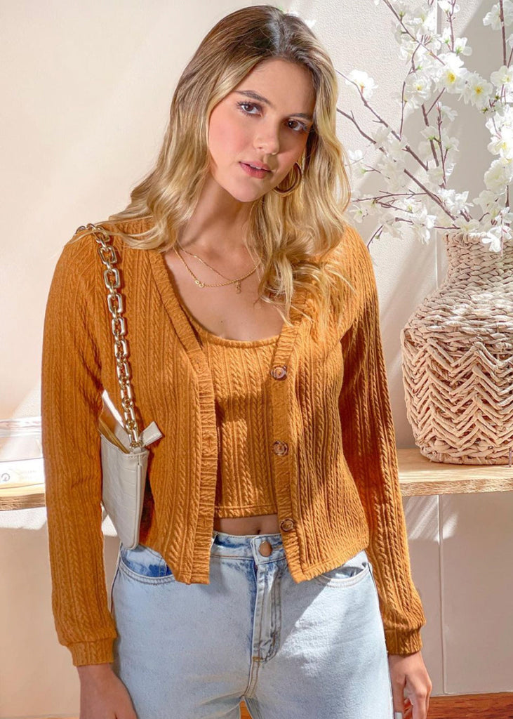 Cardigan tejido manga larga con botones color mostaza para mujer - Flashy