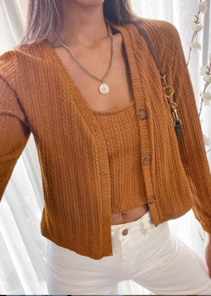 Cardigan tejido manga larga con botones color mostaza para mujer - Flashy