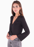 Blusa cruzada con encaje manga larga para mujer - Flashy